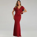 See-through V-neck Appliques Beaded Evening Dress Elegant Party Long Dress