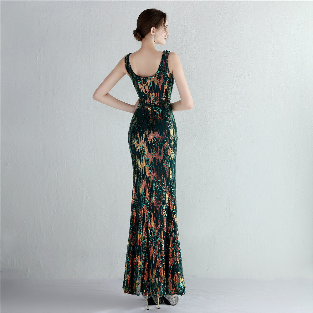 Sparkle Cocktail Dress Sexy Deep V-neck Backless Party Dress Sleeveless Long Prom Gown Sequins Side Fork Formal Dress