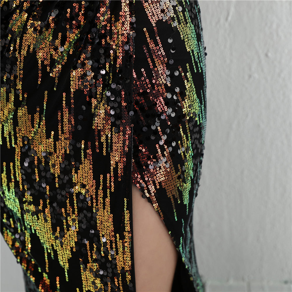 Sparkle Cocktail Dress Sexy Deep V-neck Backless Party Dress Sleeveless Long Prom Gown Sequins Side Fork Formal Dress