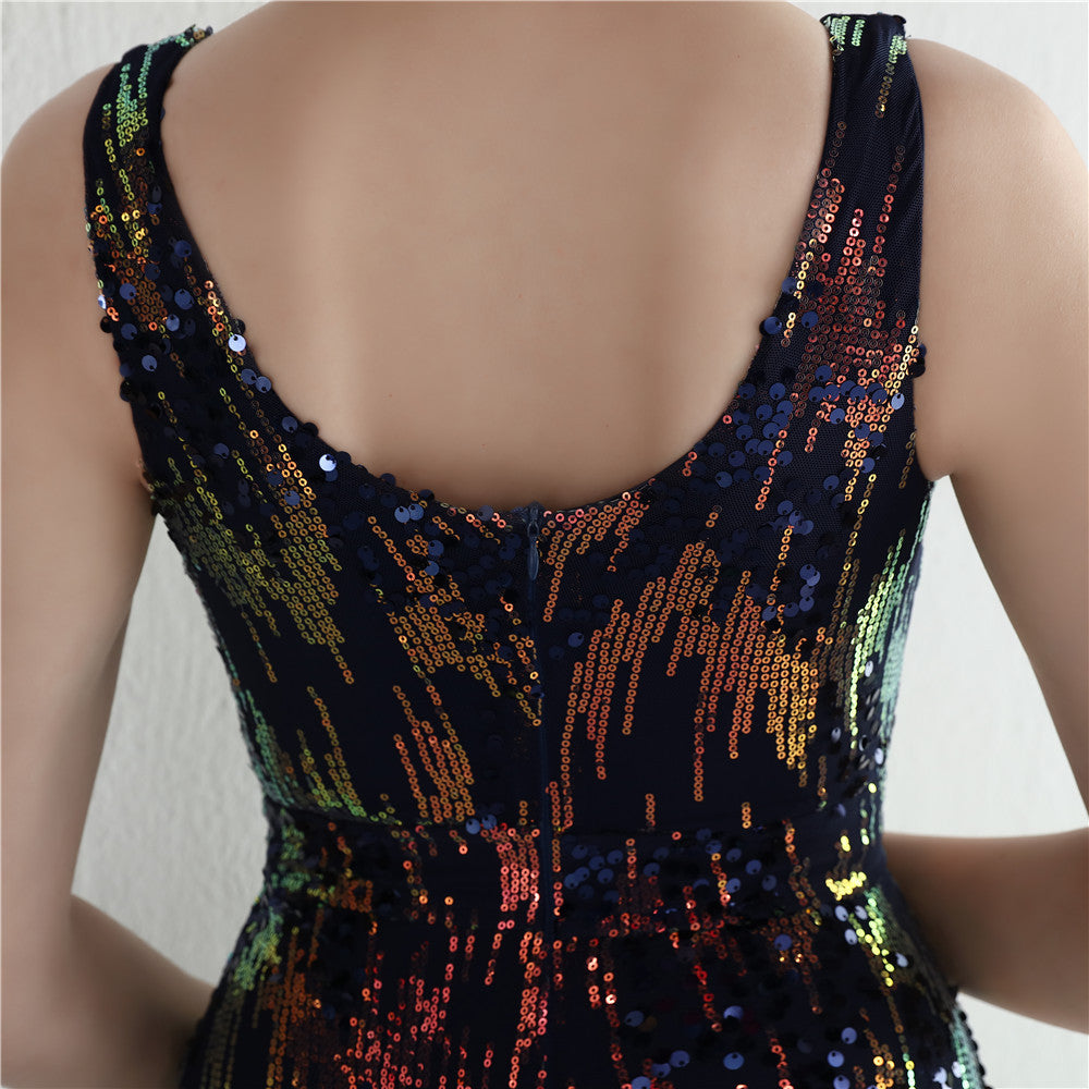 Sparkle Cocktail Dress Sexy Deep V-neck Backless Party Dress Sleeveless Long Prom Gown Sequins Side Fork Formal Dress