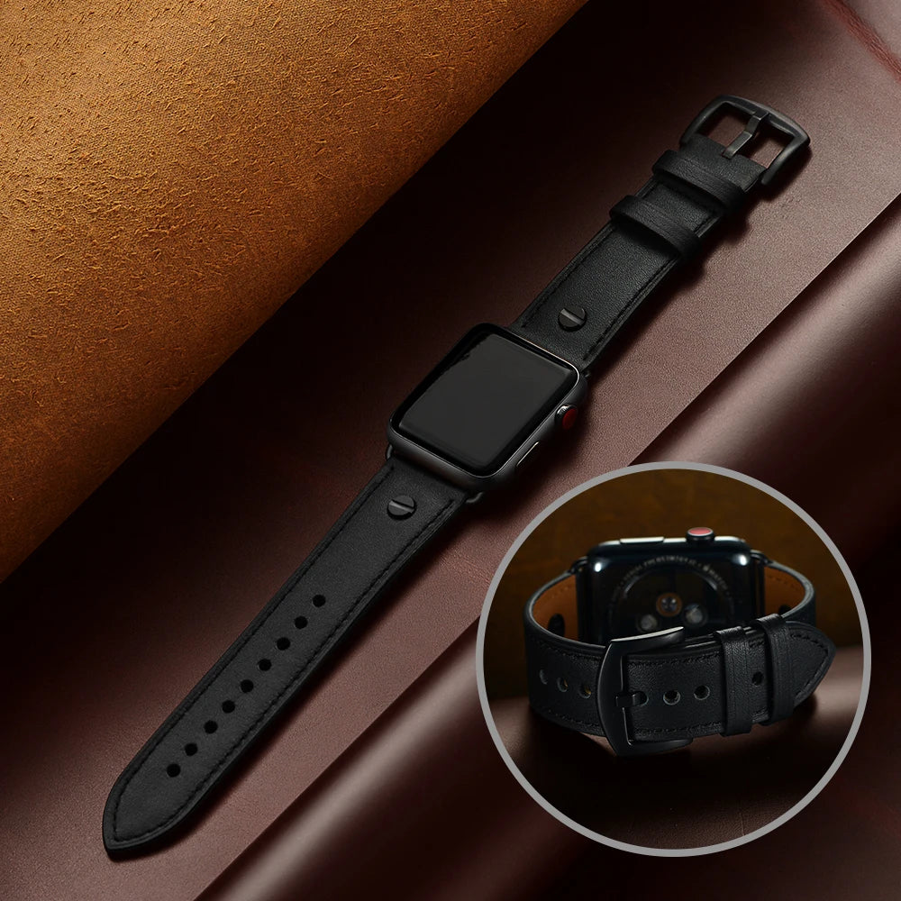 Leather Strap For Apple watch band 44mm 40mm 45mm 49mm 41mm 45 mm correa Cowhide Bracelet iWatch series 8 9 3 se 5 4 6 7 Ultra 2