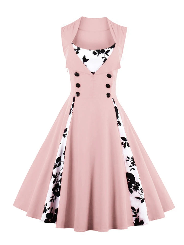 Floral Patchwork Summer 50s Retro Cotton Dresses for Women Button High   jetechband