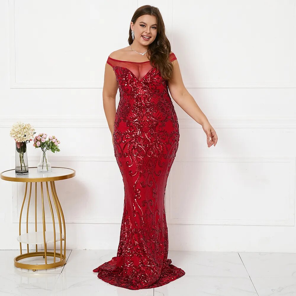 Plus Size Women Elegant Boat Neck Party Maxi Dress Off Shoulder Black Gold Sequin Evening Dress Long Prom Dress