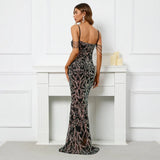 Women Sequin Dress Strap Beading Party Maxi Dress Sexy V Neck Evening Dress Long Prom Dress