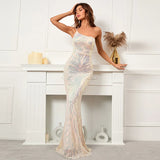 Women Strap Party Maxi Dress Long Prom Sexy Slash Neck Sequin Evening Dress