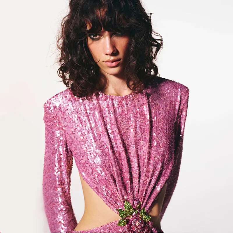 Long Sleeve Sexy Backleess Sequin Party Evening Dress Women Night Reflective Dress