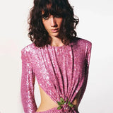 Long Sleeve Sexy Backleess Sequin Party Evening Dress Women Night Reflective Dress