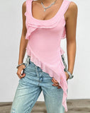 2024 Pink White Mini Cute Camisole Vest Ruffled Edge Backless Short Top U-Neck Irregular Solid Flower Ribbon Sexy Mesh T-Shirt