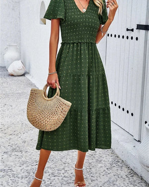 2024 Summer Solid Casual A Line Runway Dress for Women Elegent V Neck Vintage Style Female Office Swing Sundress