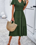2024 Summer Solid Casual A Line Runway Dress for Women Elegent V Neck Vintage Style Female Office Swing Sundress