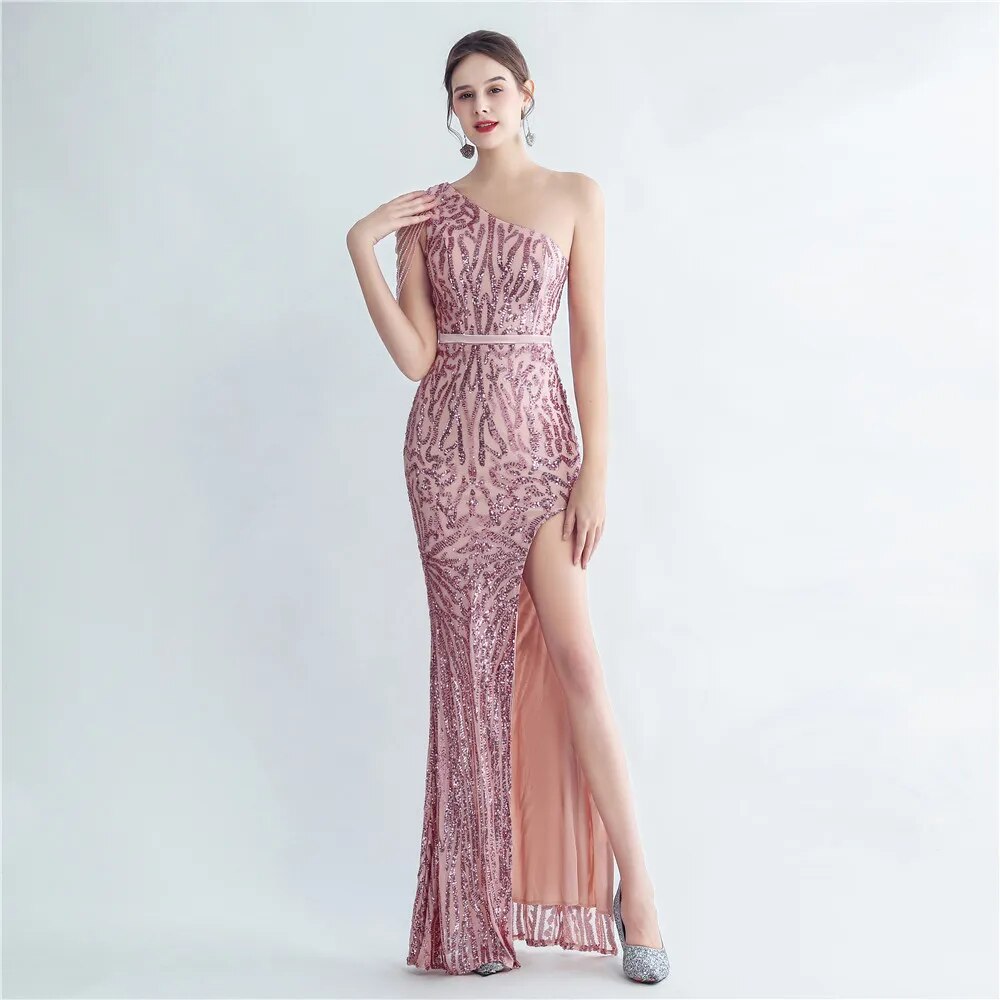 Elegant Slash Neck Sequin Evening Dress Women Beading Long Party Maxi Dress