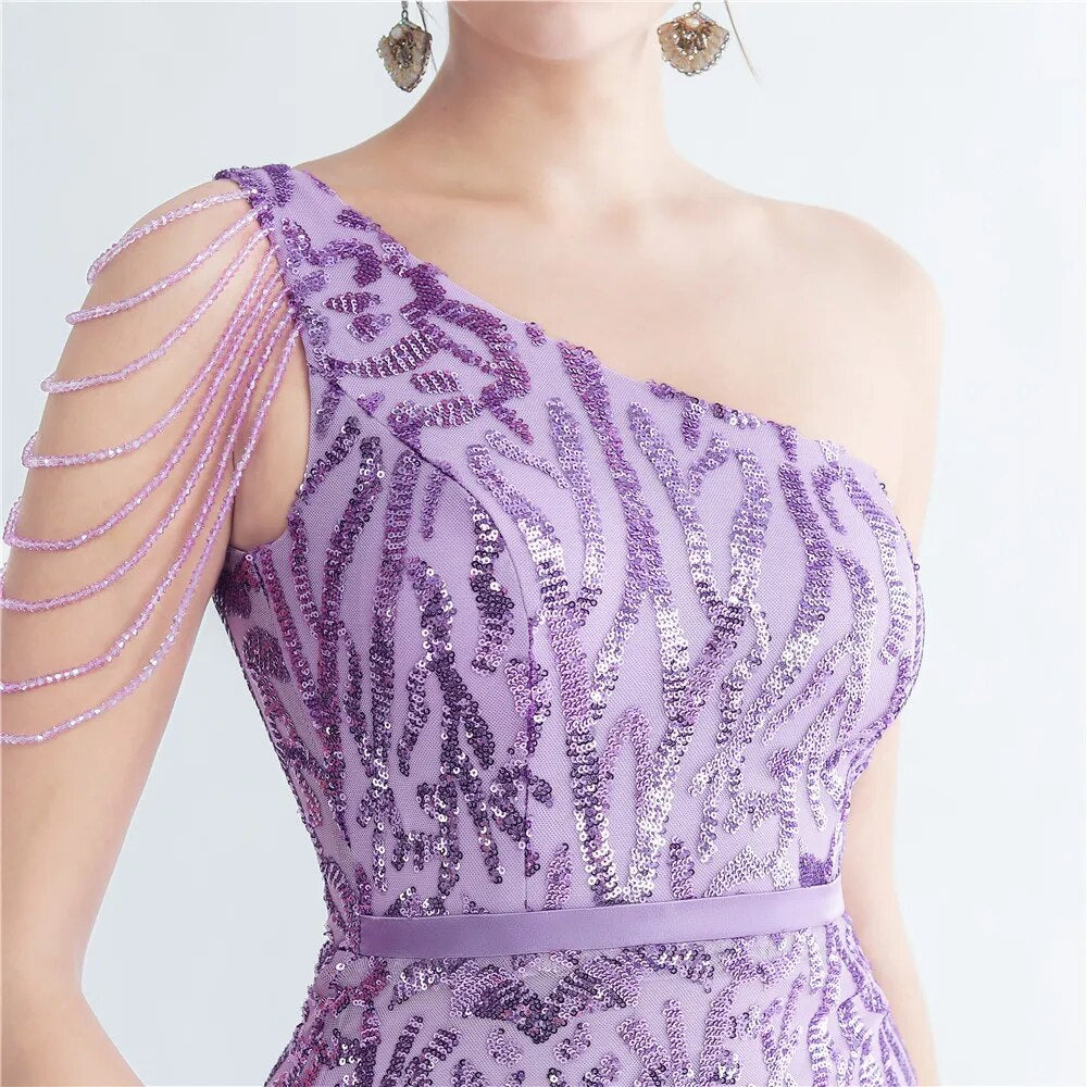 Elegant Slash Neck Sequin Evening Dress Women Beading Long Party Maxi Dress