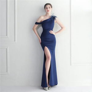 Slash Nech Feather Party Maxi Dress Women Sexy Slit Long Prom Evening Dress