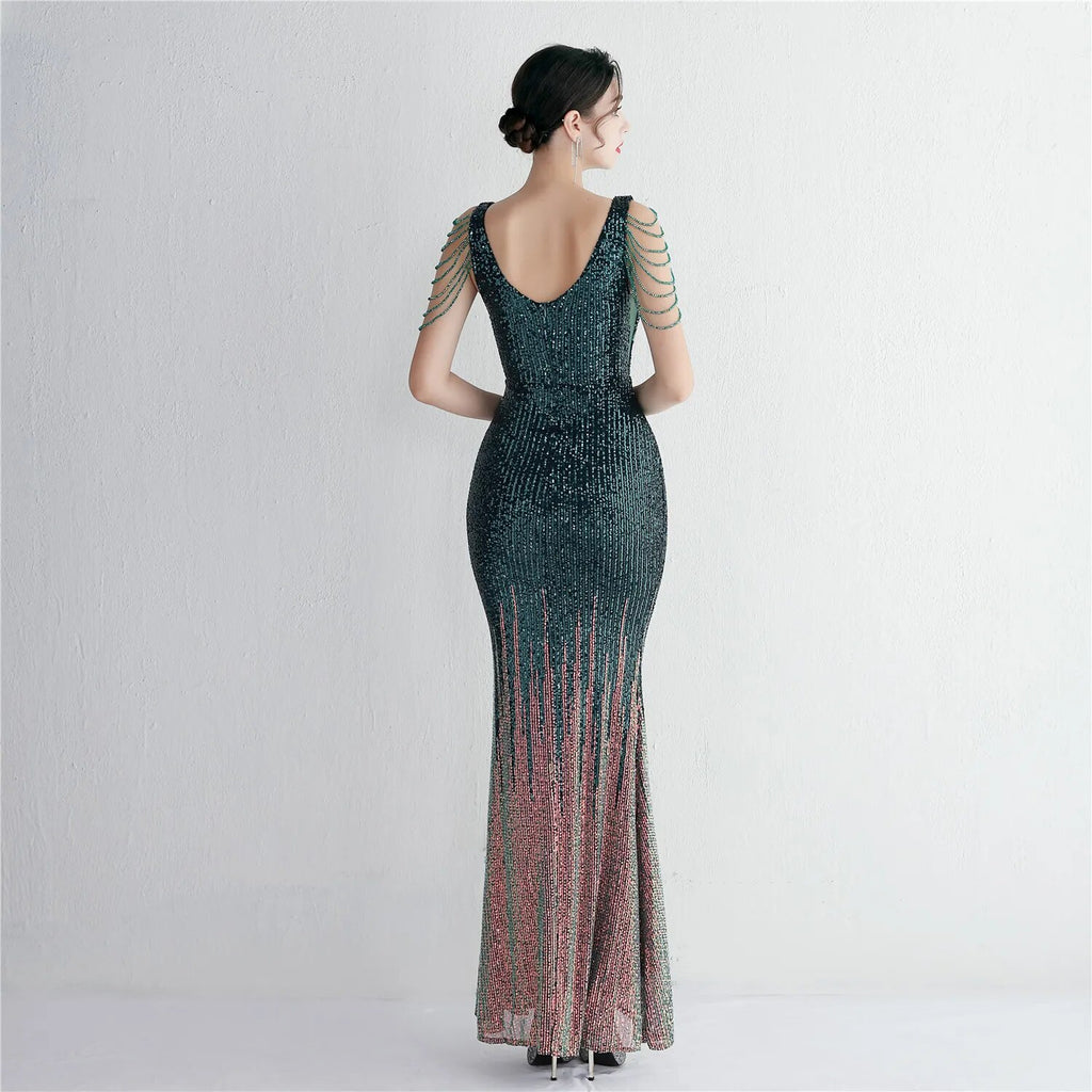 Women Beading Long Prom Dress Deep V Neck Green Sequin Evening Dress Sexy Party Maxi Dress