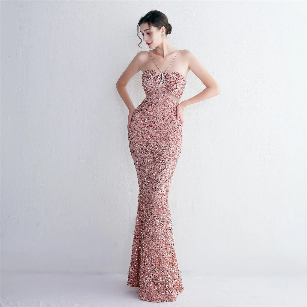 Pink Sequin Backless Dress Sexy Bar Long Party Evening Dresses Luxury Velvet Stretch Off Shoulder Cocktail Prom Dress