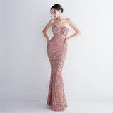 Pink Sequin Backless Dress Sexy Bar Long Party Evening Dresses Luxury Velvet Stretch Off Shoulder Cocktail Prom Dress
