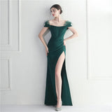 Off Shoulder Feather Party Maxi Dress Women Slash Nech Sexy Slit Long Prom Dress Evening Dress