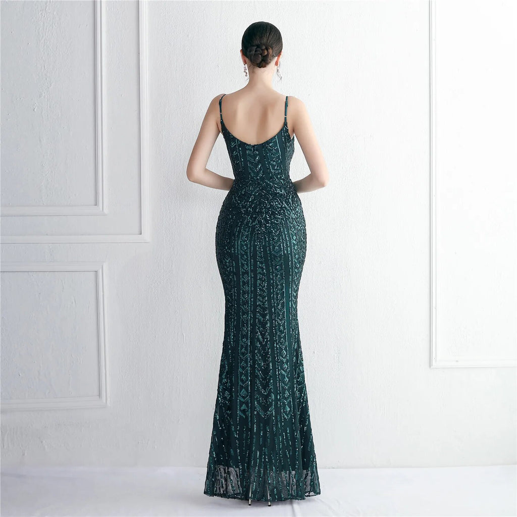 Women Green Sequin Strap Party Maxi Dress Sexy V Neck Evening Dress Long Prom Dress