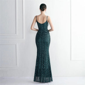 Women Green Sequin Strap Party Maxi Dress Sexy V Neck Evening Dress Long Prom Dress