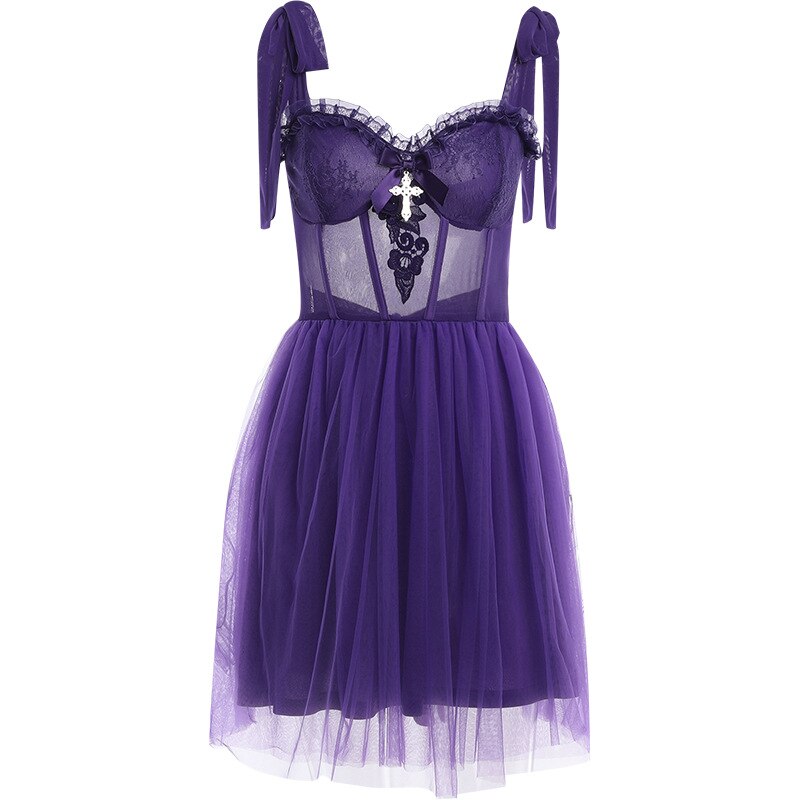 Gothic Y2K Dark Mesh Corset Mini Dress Elf Girl Backless Slim Sexy E-Girl Darkness Street Grunge Tank Dress