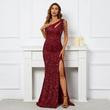 Sexy Slit Burgundy Sequin Women One Shoulder Beading Long Evening Dress Party Maxi Dress