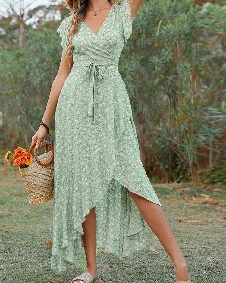 2024 Short Sleeve Summer Bohemian Swing Holiday Women's Dress High Split High Low Elegant Bandage Office Midi Long Party Dresses