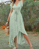 2024 Short Sleeve Summer Bohemian Swing Holiday Women's Dress High Split High Low Elegant Bandage Office Midi Long Party Dresses