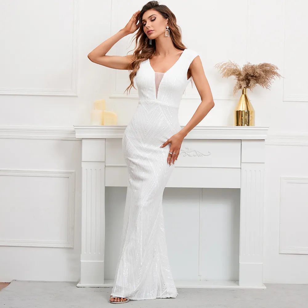 Sexy V Neck Backless White Sequin Evening Dress New Women Beading Party Maxi Long Prom Dress