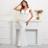 Sexy V Neck Backless White Sequin Evening Dress New Women Beading Party Maxi Long Prom Dress