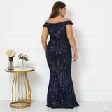 Plus Size Women Off Shoulder Navy Blue Sequin Evening Dress Elegant Boat Neck Party Maxi Dress Long Prom Dress