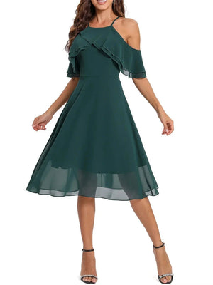 2024 Solid Ruffle Chiffon Midi Short Bridesmaid Dress Green Hollowed Out Short Sleeve Elegant Office Casual Runway Summer Dress