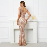Women Beading Long Prom Dress Deep V Neck Gold Sequin Evening Dress Sexy Party Maxi Dress