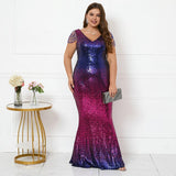 Plus Size Women Blue Red Sequin Beading Evening Dress Elegant V Neck Party Maxi Dress Long Prom Dress