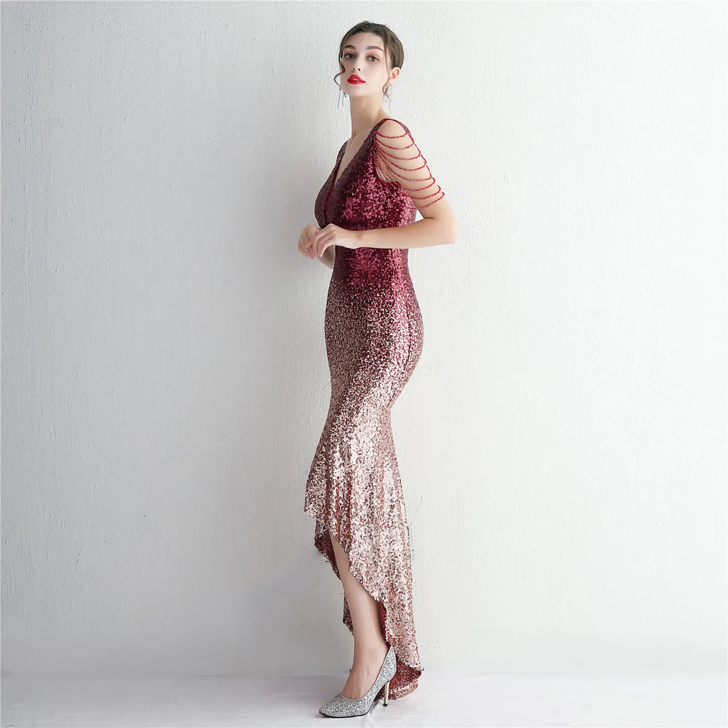 Women Beading Prom V Neck Navy Sequin Evening Sexy Party Maxi Dress
