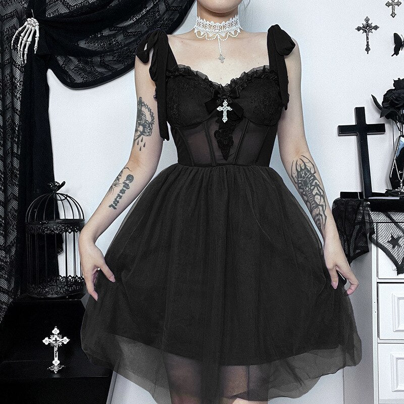 Gothic Y2K Dark Mesh Corset Mini Dress Elf Girl Backless Slim Sexy E-Girl Darkness Street Grunge Tank Dress