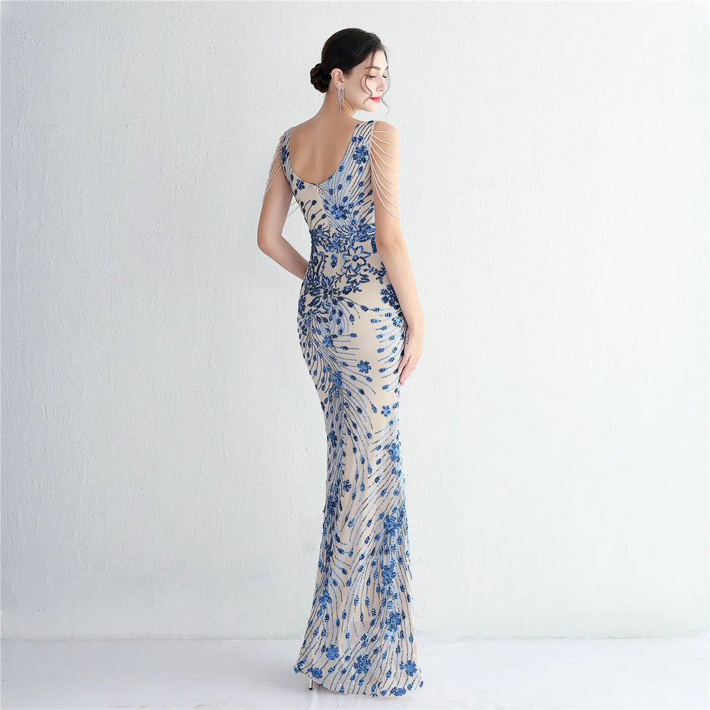 Women Beading Long Prom Dress V Neck Red Sequin Evening Sexy Party Maxi Dress