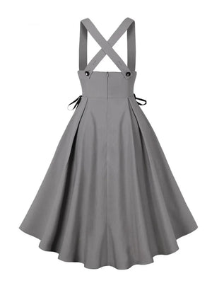 Buttons High Waist Vintage Suspender Lace-Up Corset Dress Women Harajuku Grey High Low Hem Party Pinafore Dresses