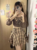 Hot Girl Plaid Set Bow Tie Crop Top Shirt Autumn Pleated Mini Fried Street Skirt Y2k Two Piece Set