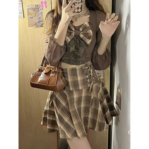 Hot Girl Plaid Set Bow Tie Crop Top Shirt Autumn Pleated Mini Fried Street Skirt Y2k Two Piece Set