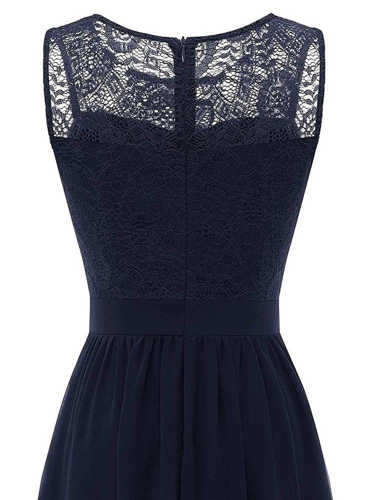 Evening Gowns for Women Elegant Party Lace and Chiffon Pleated Maxi Dress O-Neck Sleeveless Vintage Dresses