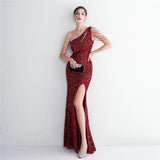 Sexy Slit Black Sequin Women One Shoulder Beading Long Evening Dress Party Maxi Dress