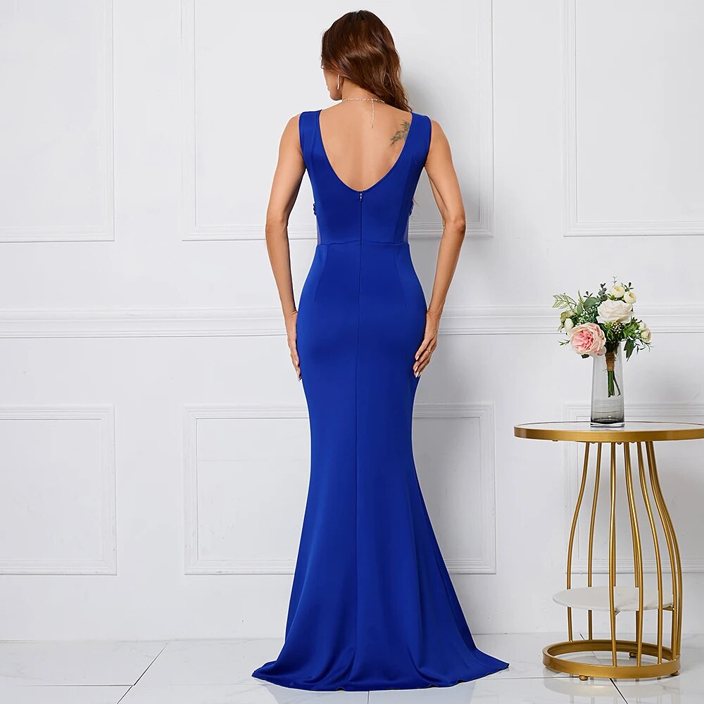 Sexy V Neck Beading Party Maxi Dress Blue Color See Through Long Evening Prom Dress