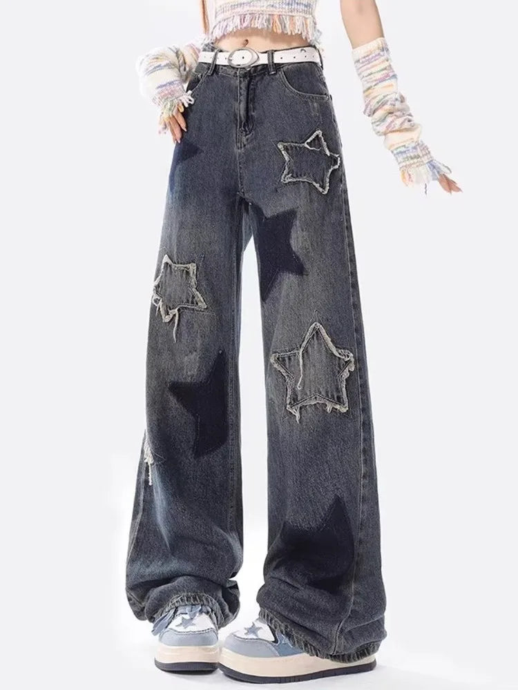 American Retro Y2K Jeans Women Star Raw Edge Splicing Loose Wide Leg Denim Pants Female Blue Embroidery Trousers