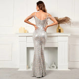 Women Strap Party Maxi Dress Sexy V Neck Beading Evening Dress Celebrity Silver Sequin Long Prom Dress