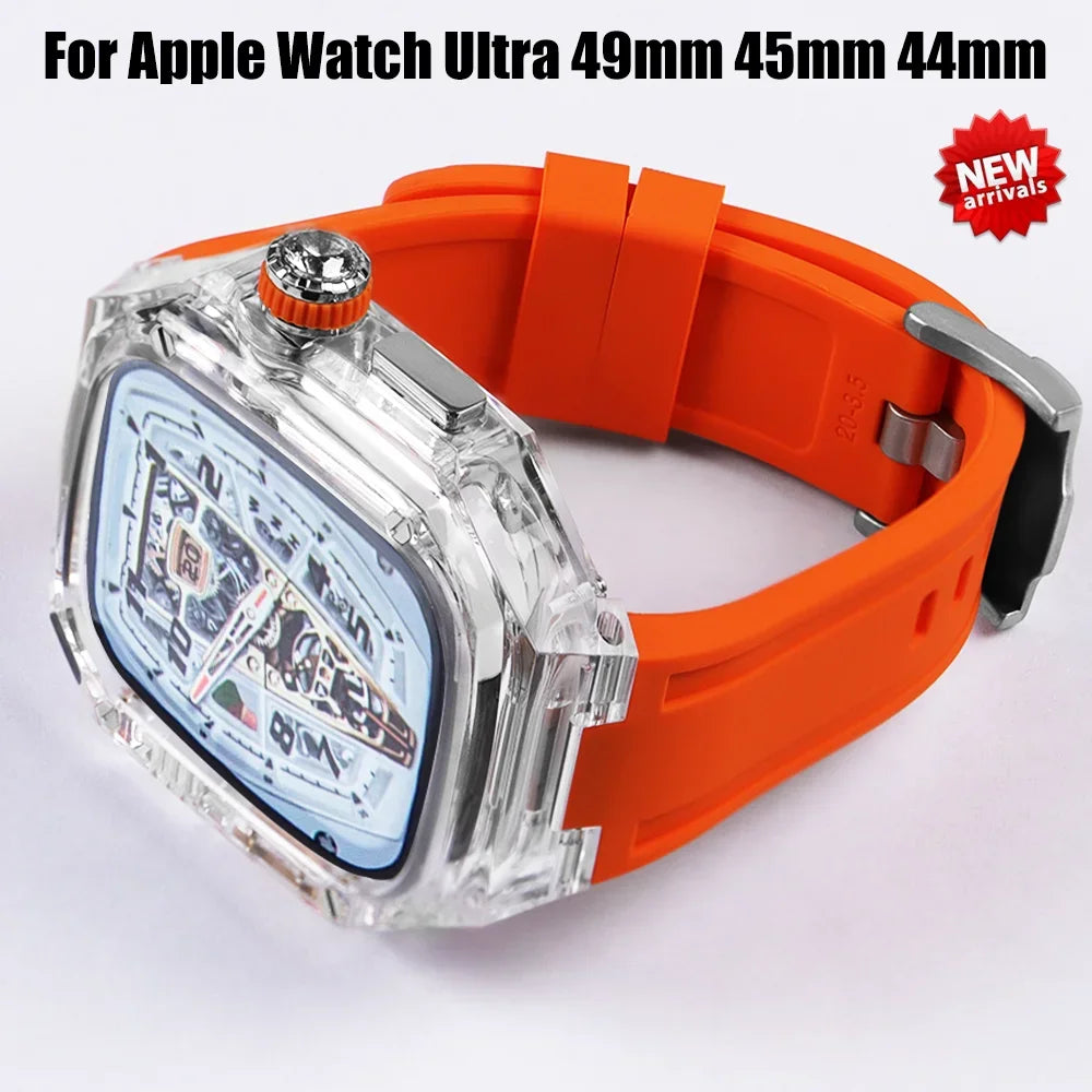 Transparent Modification Kit For Apple Watch 49mm Ultra Luxury Glacier Case Rubber Band IWatch Series 8 7 6 SE 45mm 44mm Mod KIT