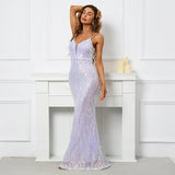 Women Lavender Color Strap Sequin Dress Party Maxi Dress Sexy V Neck Evening Long Prom Dress