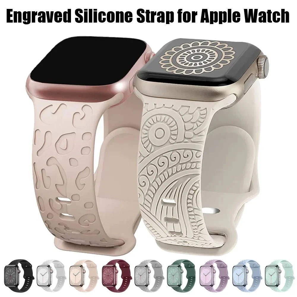 Engraved Strap for Apple Watch Band Ultra 49mm 44mm 45mm 42mm 41mm 42mm 38mm Leopard silicone bracelet for Iwatch Serise 8 7 6 5