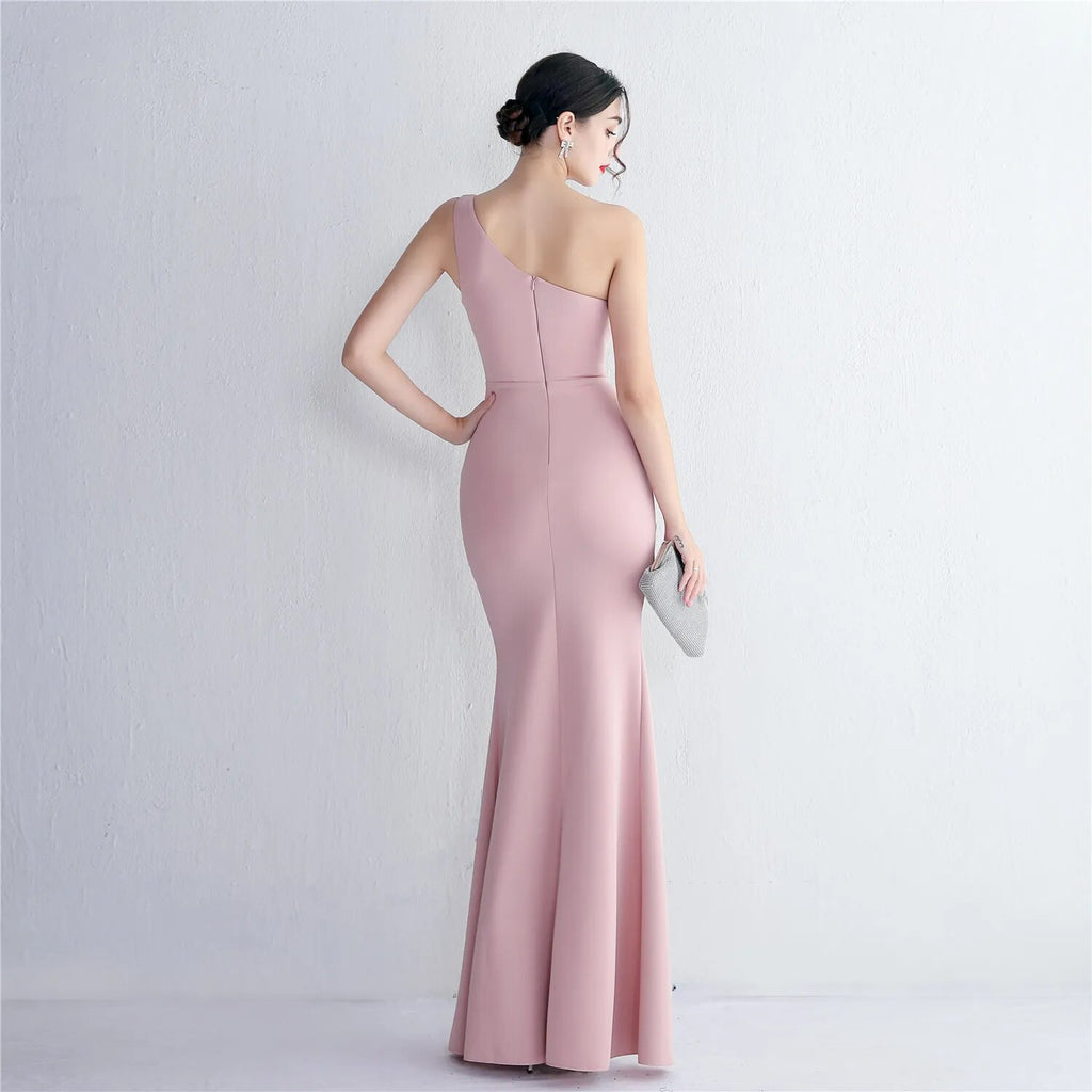 Sexy Slit Dress Women One Shoulder Soft Satin Pleat Beading Long Evening Dress Party Maxi Dress