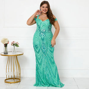 Plus Size Women Elegant Strap Party Maxi Dress Blue Sequin Evening Dress Long Prom Dress