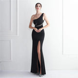 Slash Neck Long Black Women One Shoulder Party Maxi Dress Soft Satin Sexy Slit Evening Dress